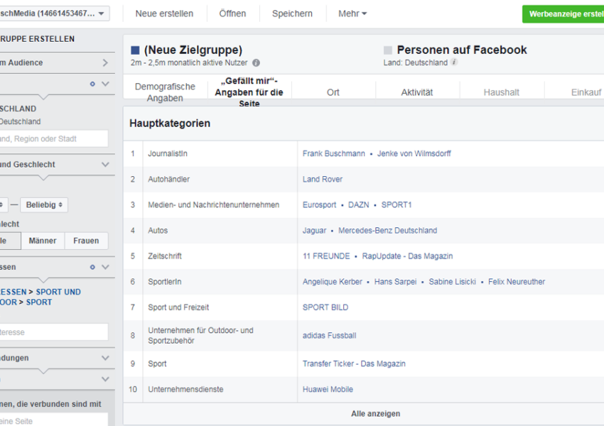 Facebook-Werbeanzeigen-Manager mit Zielgruppeneinstellungen